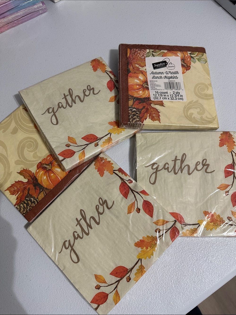 Signature Fall 'Gather' Lunch Napkins - Cream, Orange, Brown